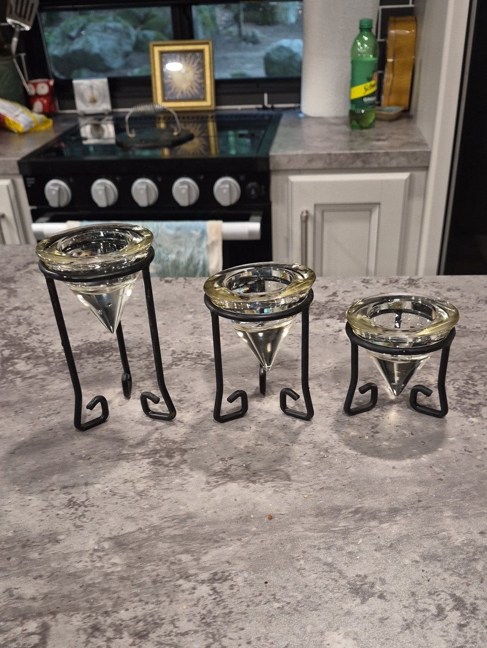 Glass Tealight Holders with Black Metal Stands - Set of 3